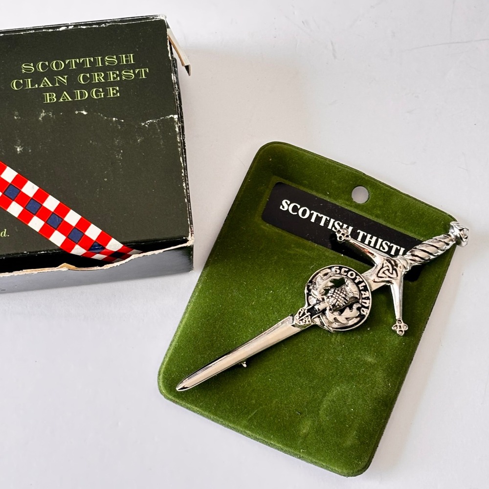 Vintage Scottish Sword Brooch Pin Pewter Thistle Clan Crest Badge 3.5"  New